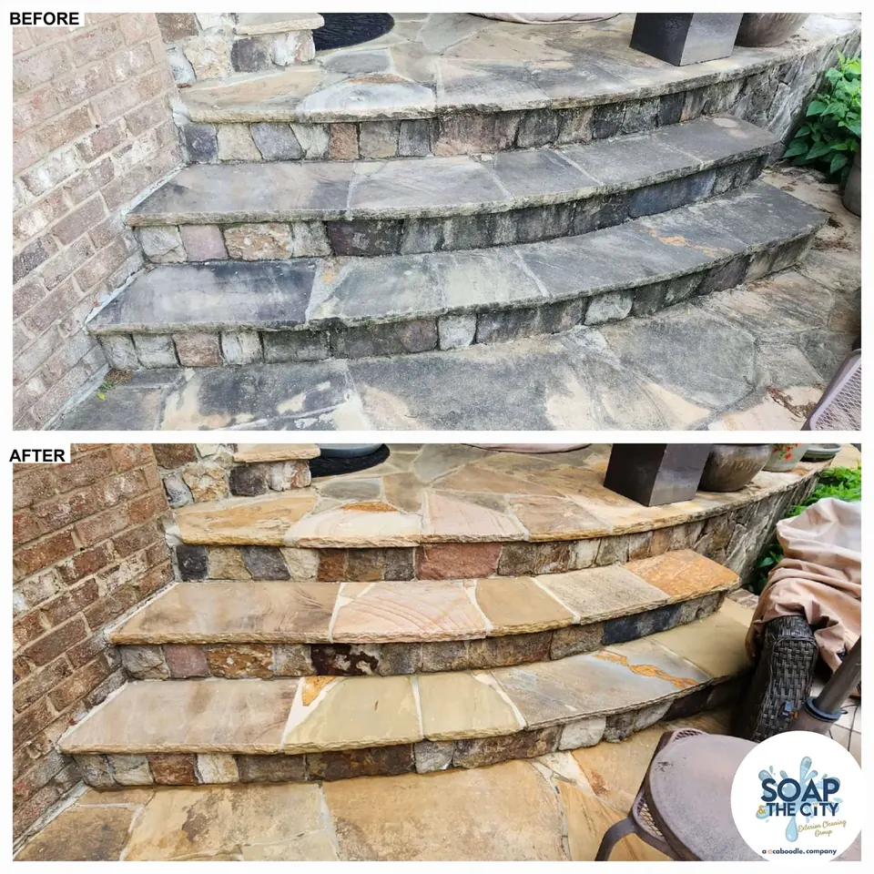 Natural stone stairs cleaning before and after in Cornelius