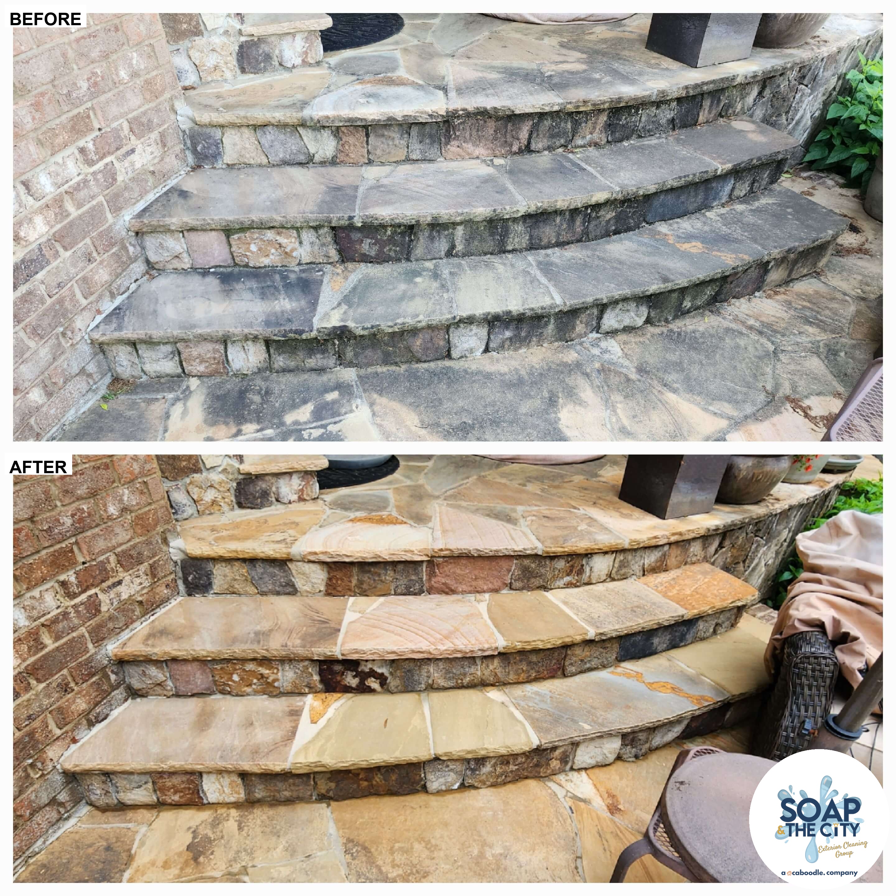 Natural stone stairs before and after cleaning in Cornelius