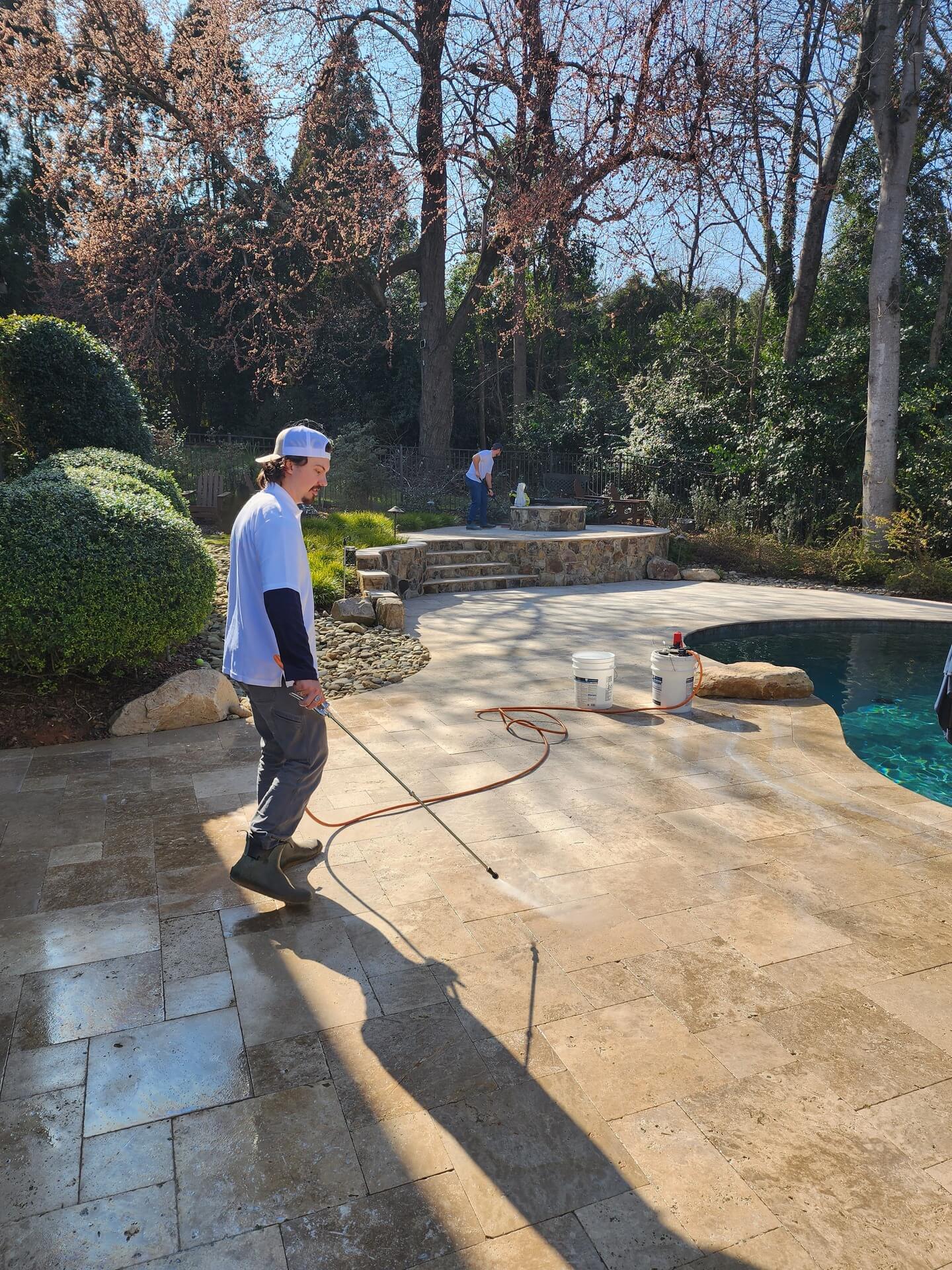 Natural stone patio after professional cleaning and sealing